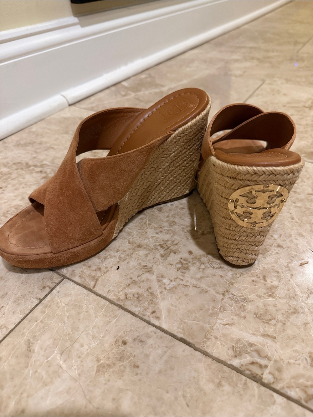 Tory Burch Cognac Suede Espadrille Wedge Sandals